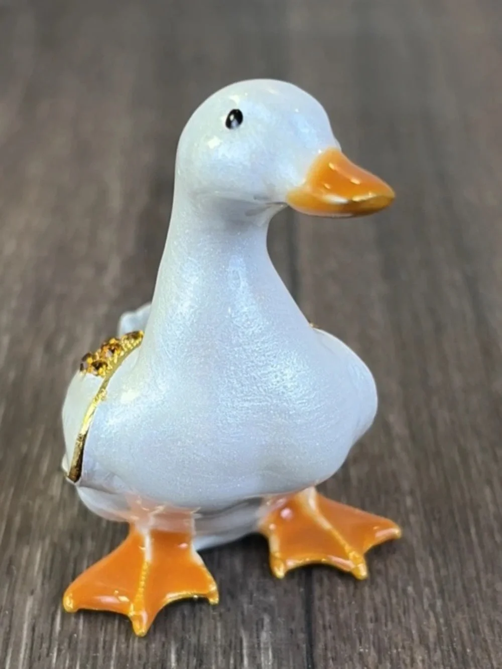 Enamel & Rhinestone Hinged White & Orange Duck Jewelry Pill Trinket Box Jeweled